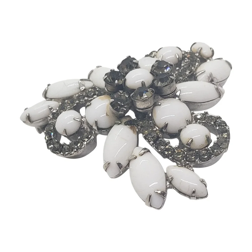 Vintage Milk Glass Rhinestone Brooch Pin White Navette Floral Swirl 1950s